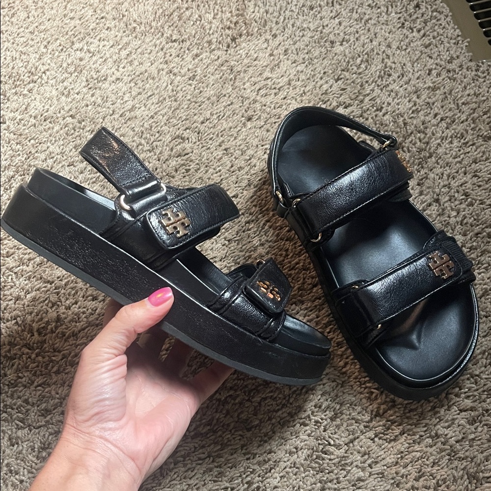 Tory Burch Black Kira Sport Leather Platform Sandals with Gold Logo